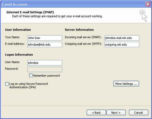 Internet Email Settings dialog