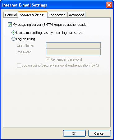 Dialog: Outgoing Server tab