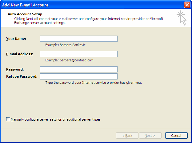 Auto Account Setup dialog box