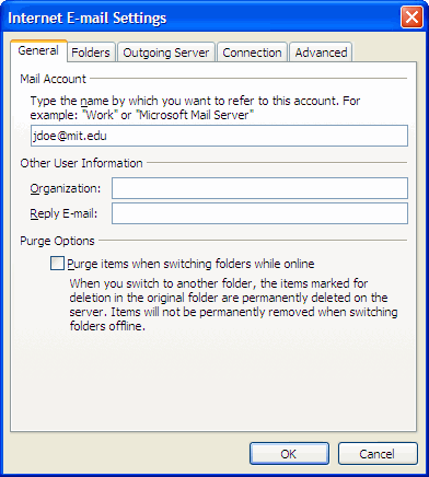Internet Email Settings General Tab