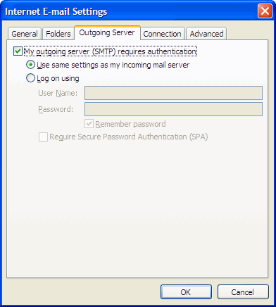 Internet Email Settings Outgoing Server Tab