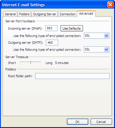 Internet Email Settings Advanced Tab