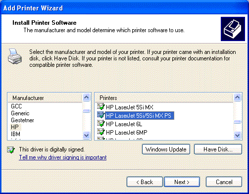 Install Printer Software window