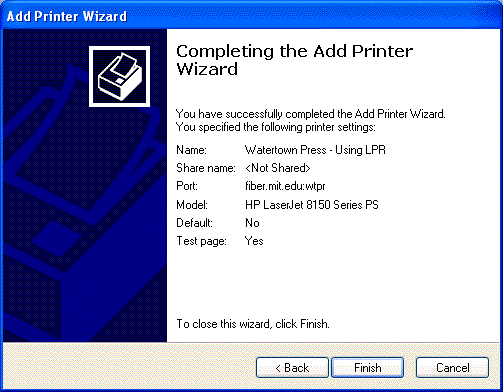 Completing Add Printer Wiz window