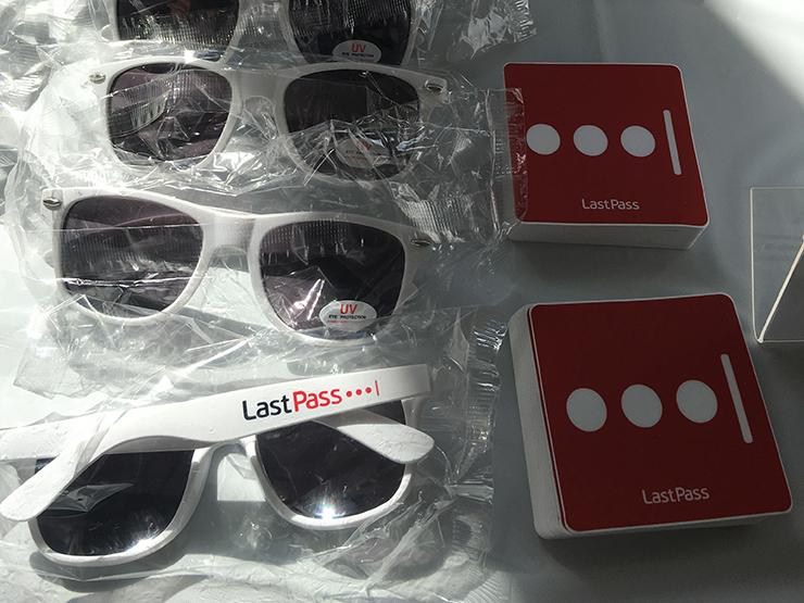 Sunglass and square red stickers with LastPass name and logo