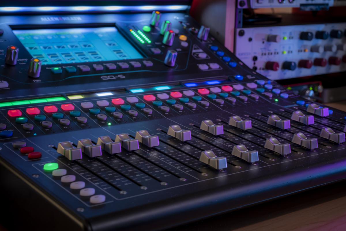 Closeup of audio production control board
