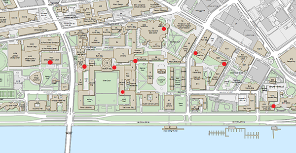 Campus map showing machine locations