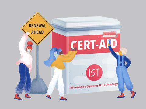 Illustration of three people standing near a roadsign that says “Renewal Ahead” and painting a large container with a red I-S and T logo and the words Cert-Aid.