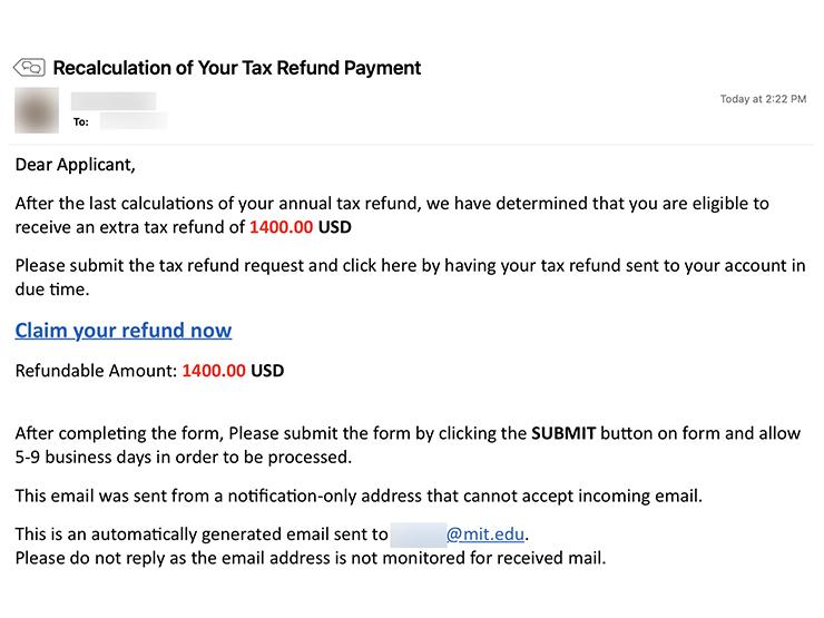 Screenshot of an email with the subject "Recalculation of Your Tax Refund Statement"