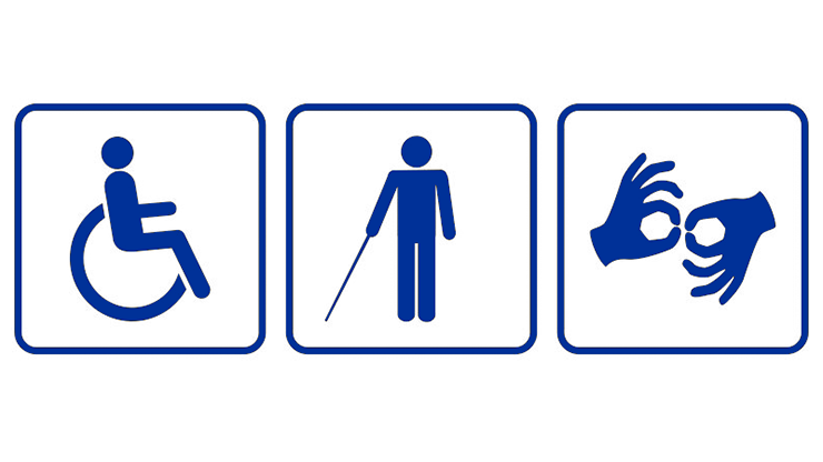 Three signs displaying accessibility symbols