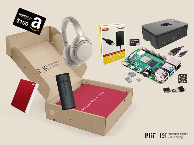 Illustration showing an open box with the words “Welcome back to school!”. Surrounding it are a $100 Amazon gift card, silver Sony noise canceling headphones, a red Seagate One Touch external hard drive, a black Ultimate Ears BOOM 3 Bluetooth speaker, and the contents of a CanaKit Raspberry Pi 4 starter kit. At the bottom is the M-I-T I-S and T logo.