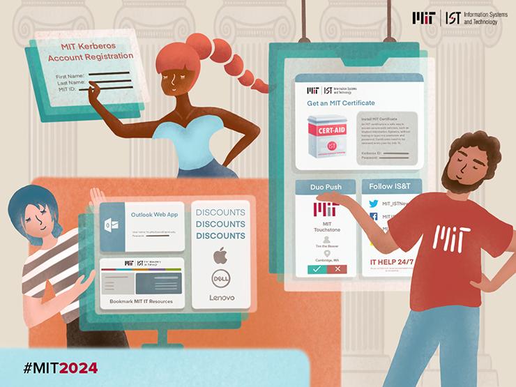 Illustration of three MIT students creating their digital MIT identities.