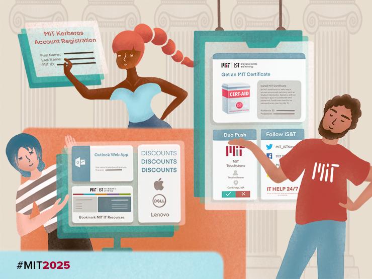 Illustration of three MIT students creating their digital MIT identities.
