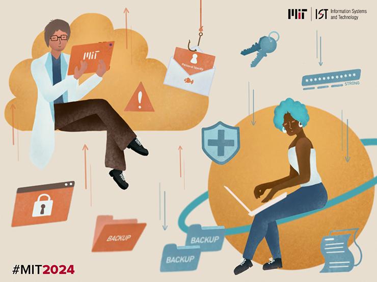 Illustration of MIT students surrounded by cybersecurity symbols.