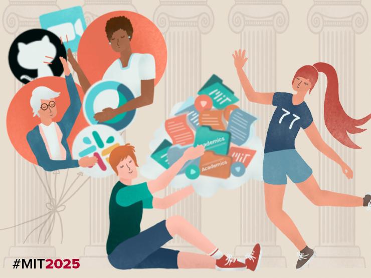 Illustration of MIT students downloading software and accessing cloud services.