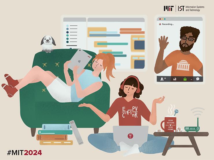Illustration of MIT students studying remotely.