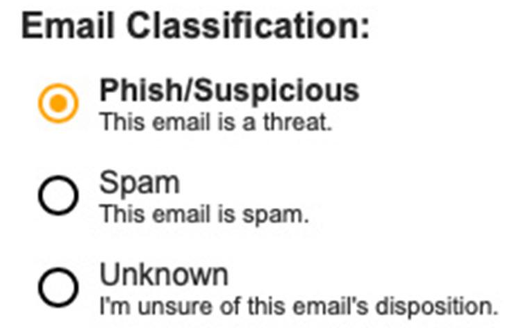 The words email classification followed by three radio selections: Phish/Suspicious, which is selected, spam, and unknown.