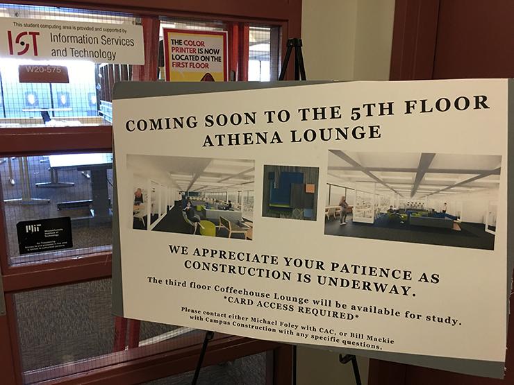 Sign outside W20-575 saying Coming soon to the 5th floor Athena lounge
