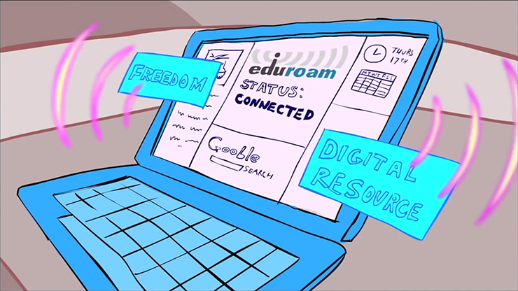 Cartoon drawing of a laptop connecting to the eduroam WiFi network.