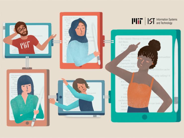 Illustration of MIT students collaborating via iPads and Apple Pencils.